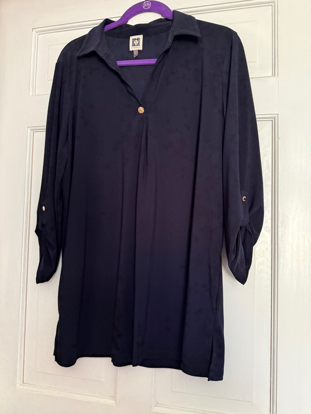Anne Klein Navy Button-Front Tunic with Gold Accents